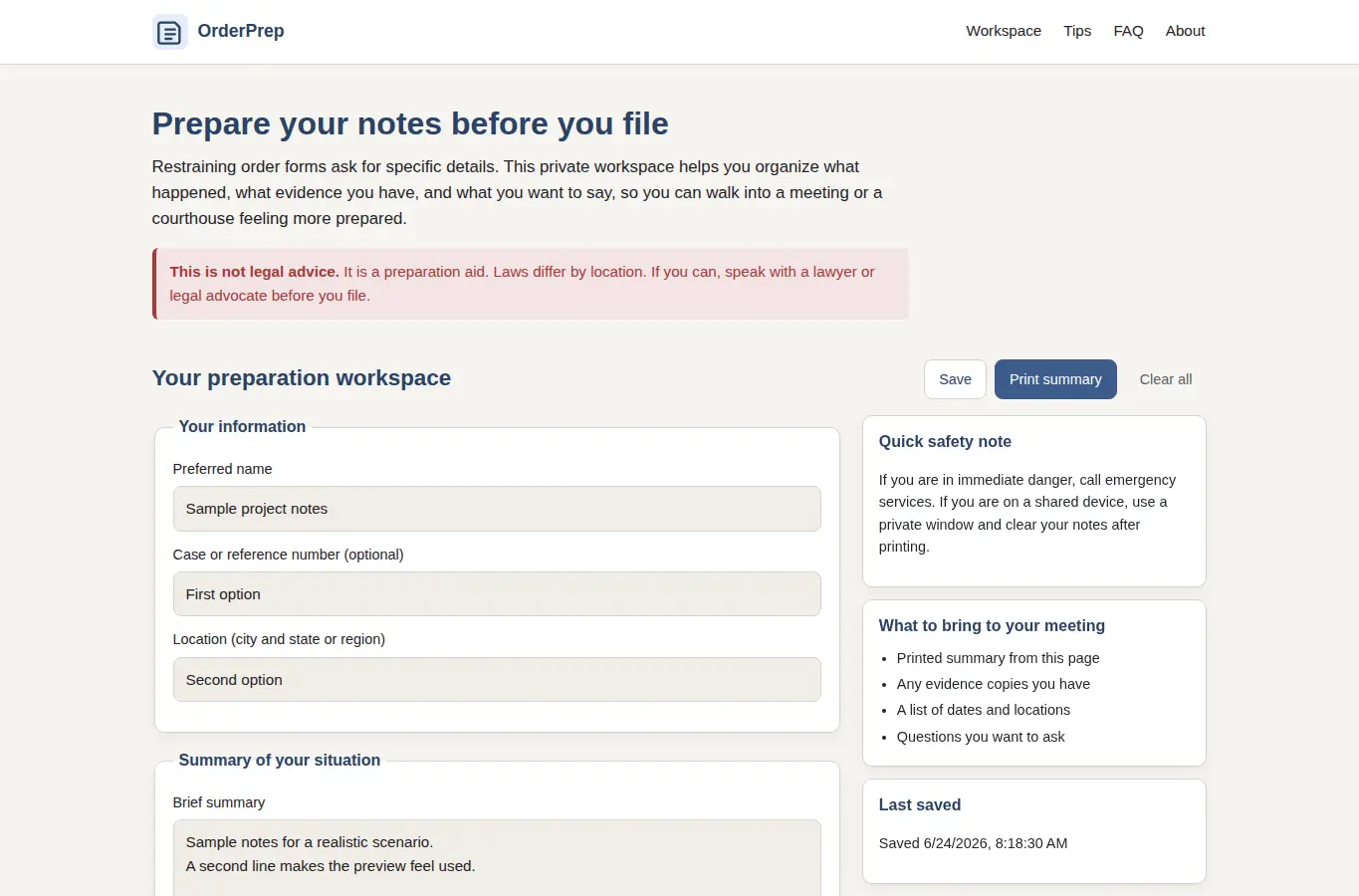 Screenshot of Restraining Order Paperwork Prep interface showing the project page in use